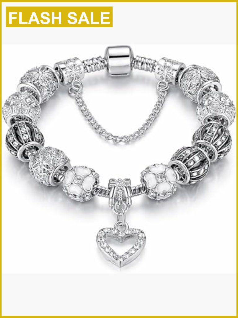 Silver Tone Crystal & Murano Glass Charm Bracelet Snake Chain Women Gift Boxed